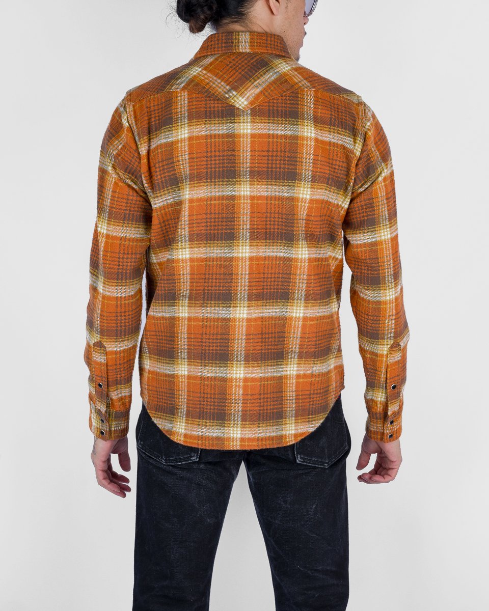 Iron Heart IHSH-399-ORA 12oz Slubby Heavy Flannel Check Western Shirt - Orange