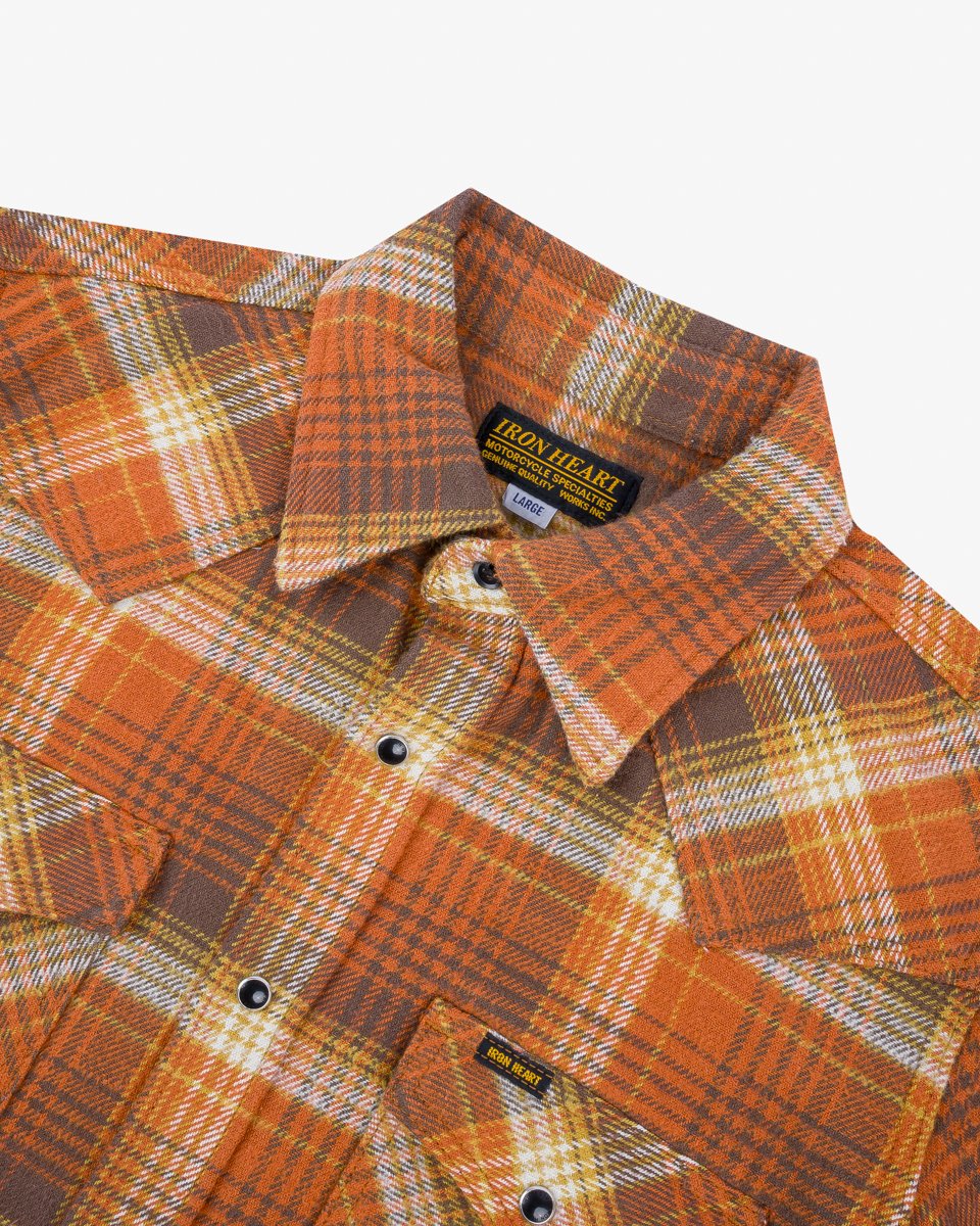 Iron Heart IHSH-399-ORA 12oz Slubby Heavy Flannel Check Western Shirt - Orange