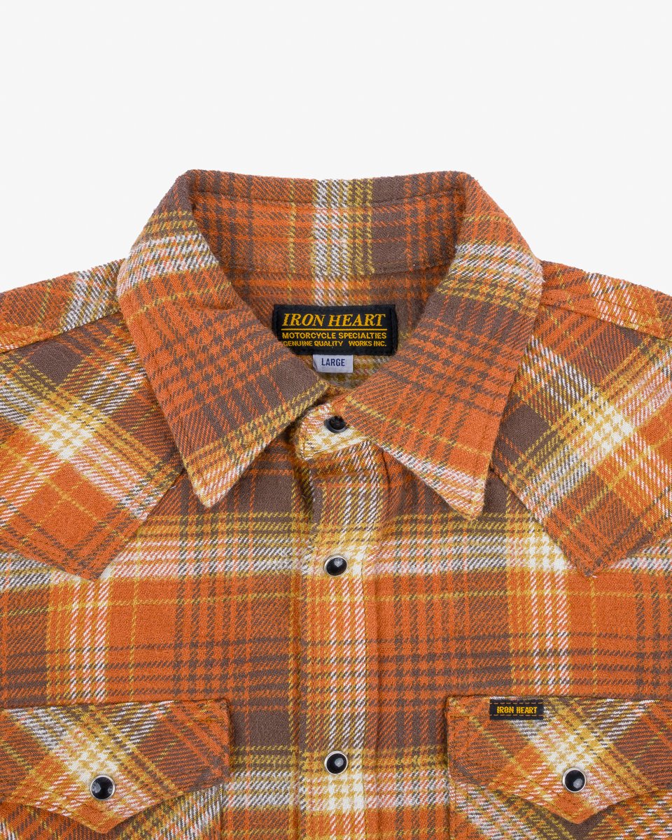 Iron Heart IHSH-399-ORA 12oz Slubby Heavy Flannel Check Western Shirt - Orange