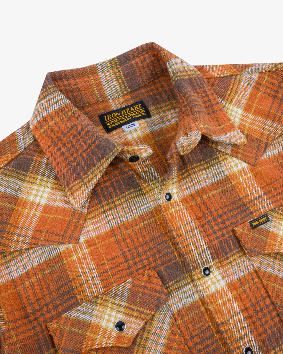 Iron Heart IHSH-399-ORA 12oz Slubby Heavy Flannel Check Western Shirt - Orange