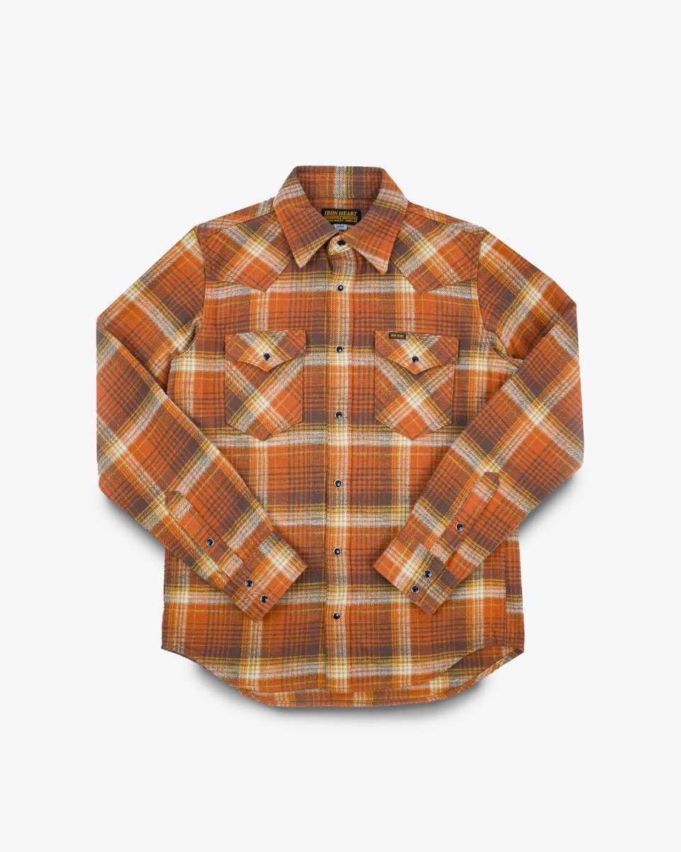 Iron Heart IHSH-399-ORA 12oz Slubby Heavy Flannel Check Western Shirt - Orange