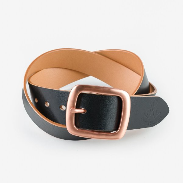 Obbi Good Label Single Prong Garrison Copper Buckle Leather Belt - Hand-Dyed Black