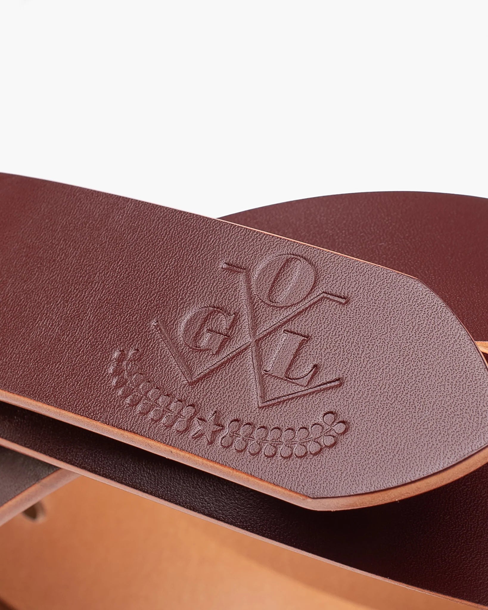 Obbi Good Label OGL Single Prong Garrison Buckle Leather Belt - Hand-Dyed Brown - Embossed logo on tip of belt