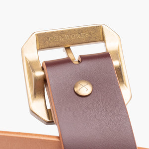Obbi Good Label OGL Single Prong Garrison Buckle Leather Belt - Hand-Dyed Brown - Detail of underside of buckle on outside of belt