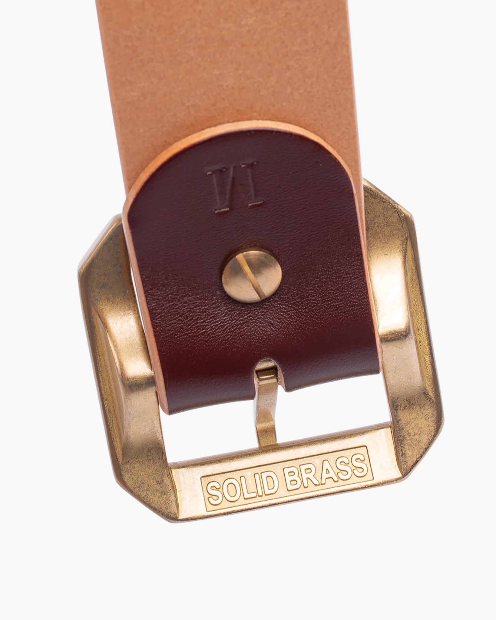 Obbi Good Label OGL Single Prong Garrison Buckle Leather Belt - Hand-Dyed Brown - Detail of underside of buckle from inside of belt