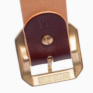 Obbi Good Label OGL Single Prong Garrison Buckle Leather Belt - Hand-Dyed Brown - Detail of underside of buckle from inside of belt