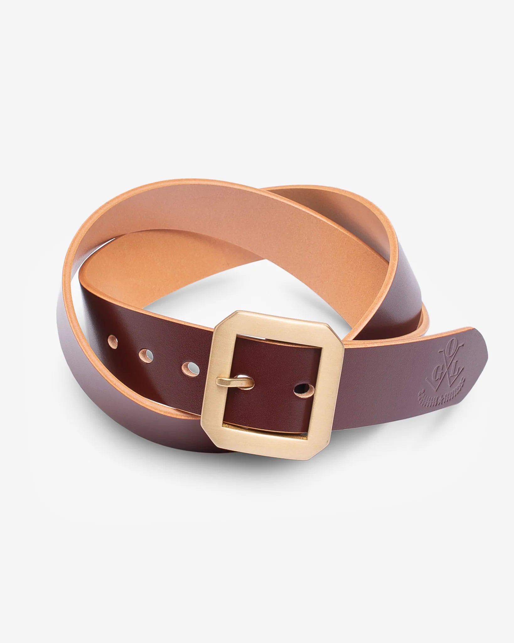 Obbi Good Label OGL Single Prong Garrison Buckle Leather Belt - Hand-Dyed Brown - Displayed on white background