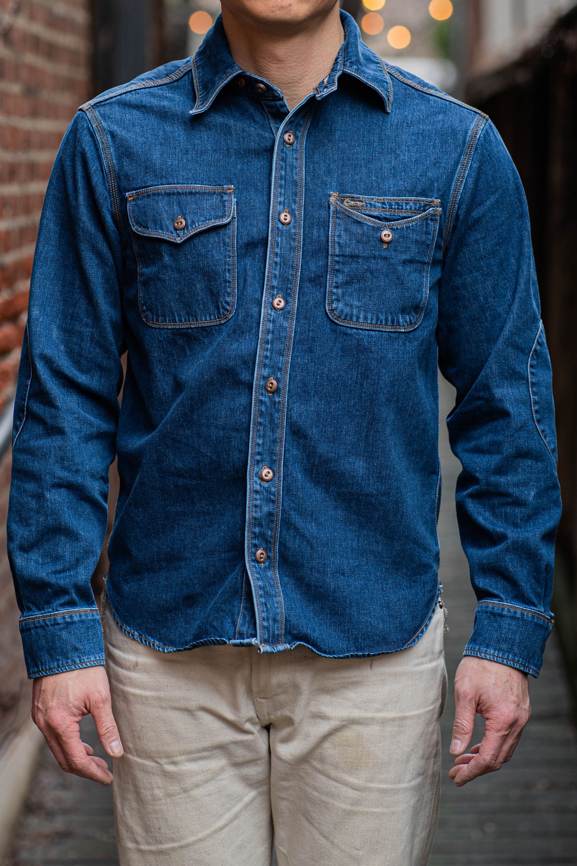 Ruff Hewn Mens Blue Cotton Denim Large Elbow Patches Western Farm Shirt |  eBay