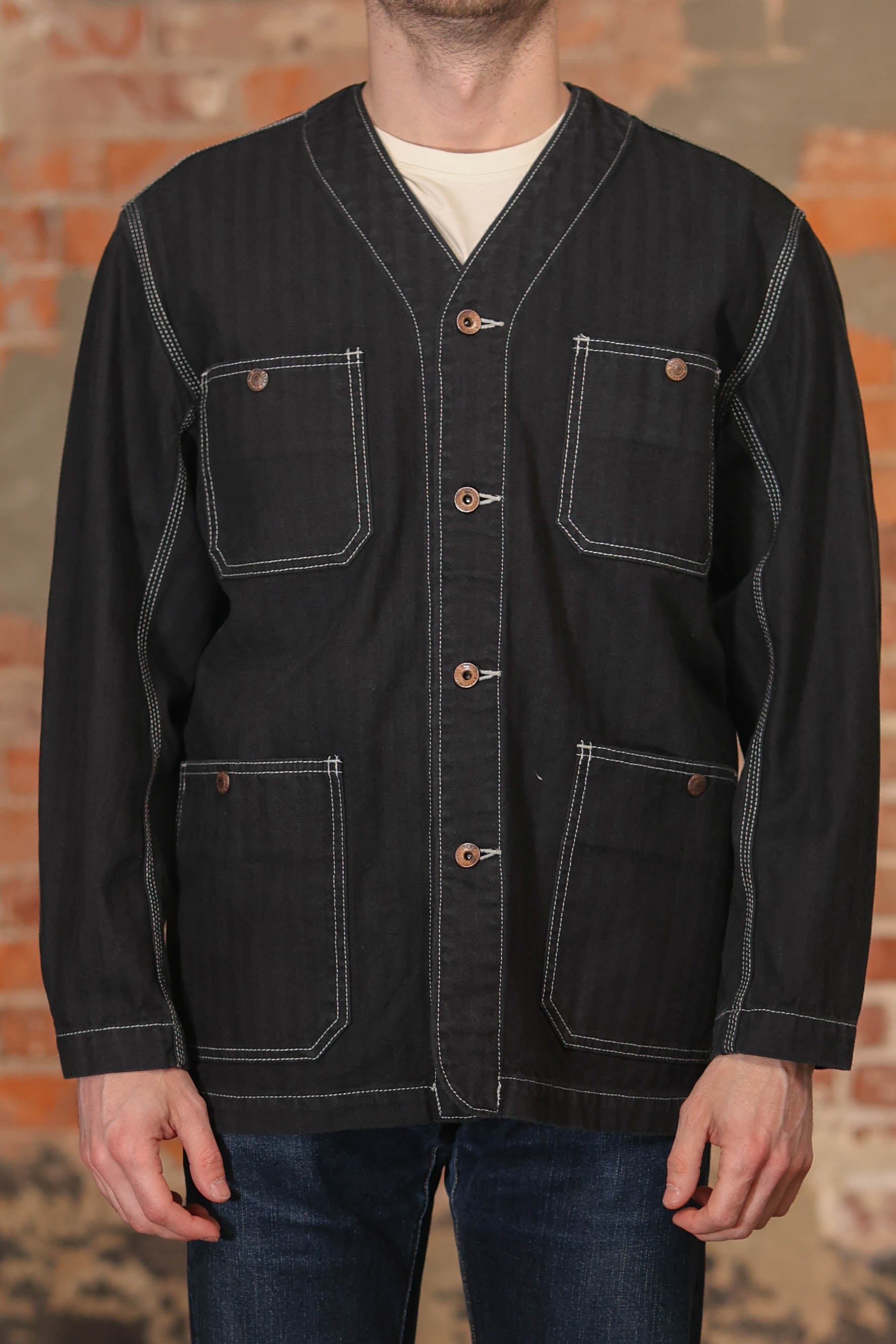 Iron Heart IHJ-158-BLK 10.5oz Herringbone Collarless Chore Jacket - Black Overdyed Black
