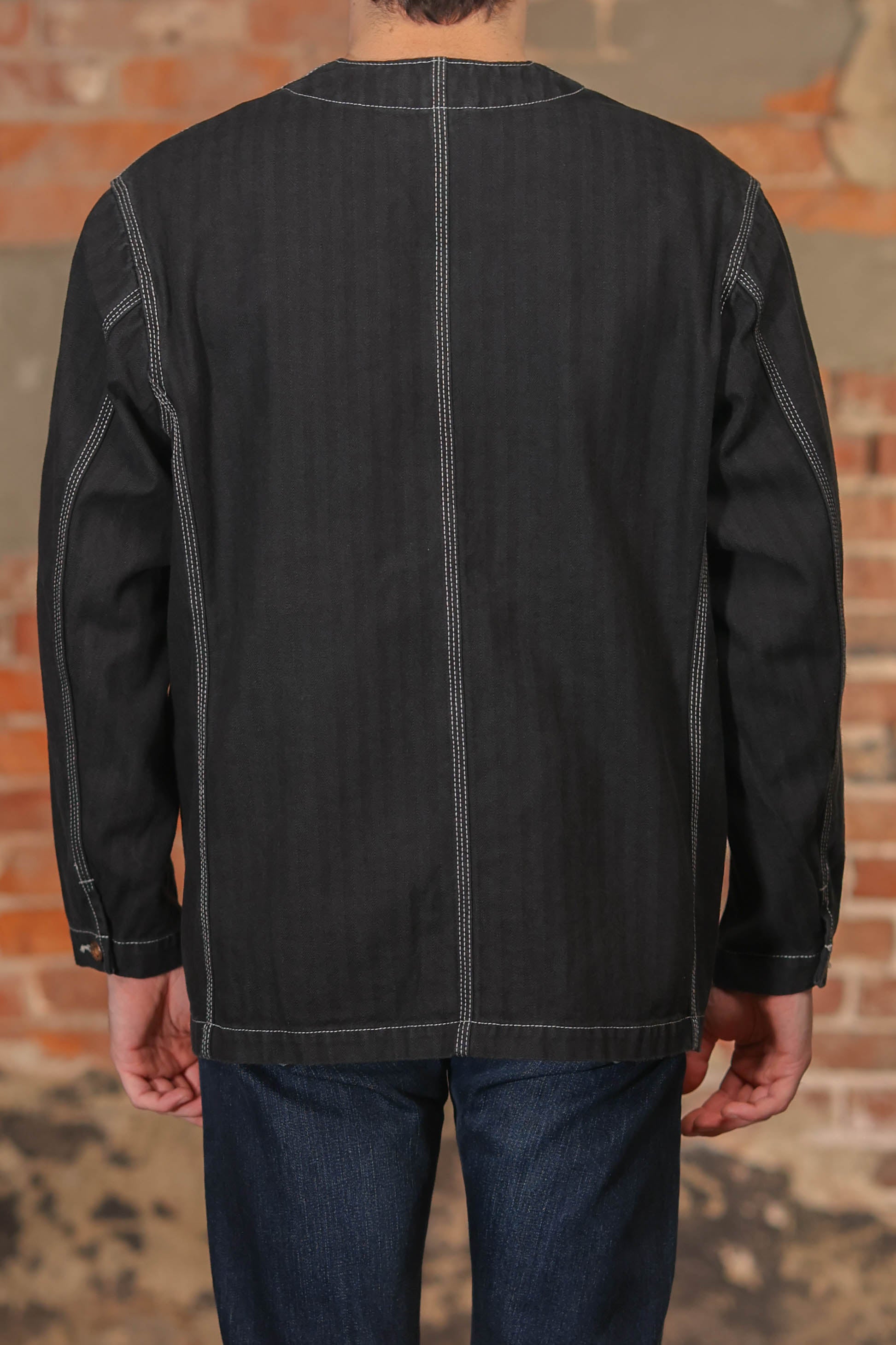 Iron Heart IHJ-158-BLK 10.5oz Herringbone Collarless Chore Jacket - Black Overdyed Black