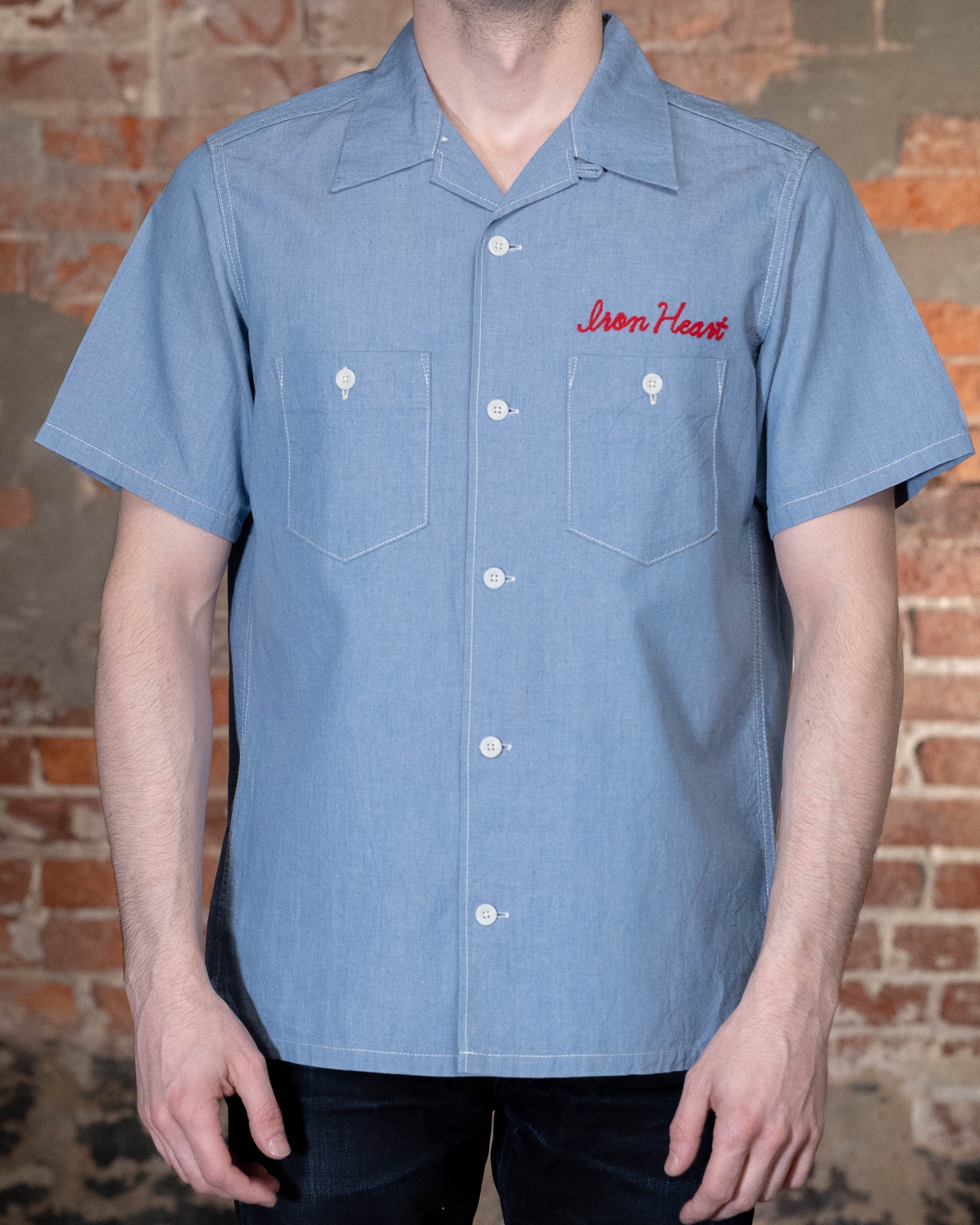 Iron Heart IHSH-447-SAX 5oz Cotton Linen Open Collar Short Sleeve Shirt - Sax Blue