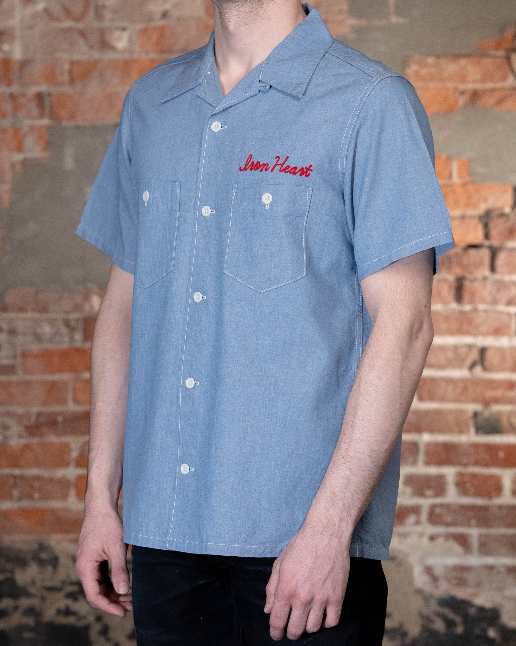 Iron Heart IHSH-447-SAX 5oz Cotton Linen Open Collar Short Sleeve Shirt - Sax Blue