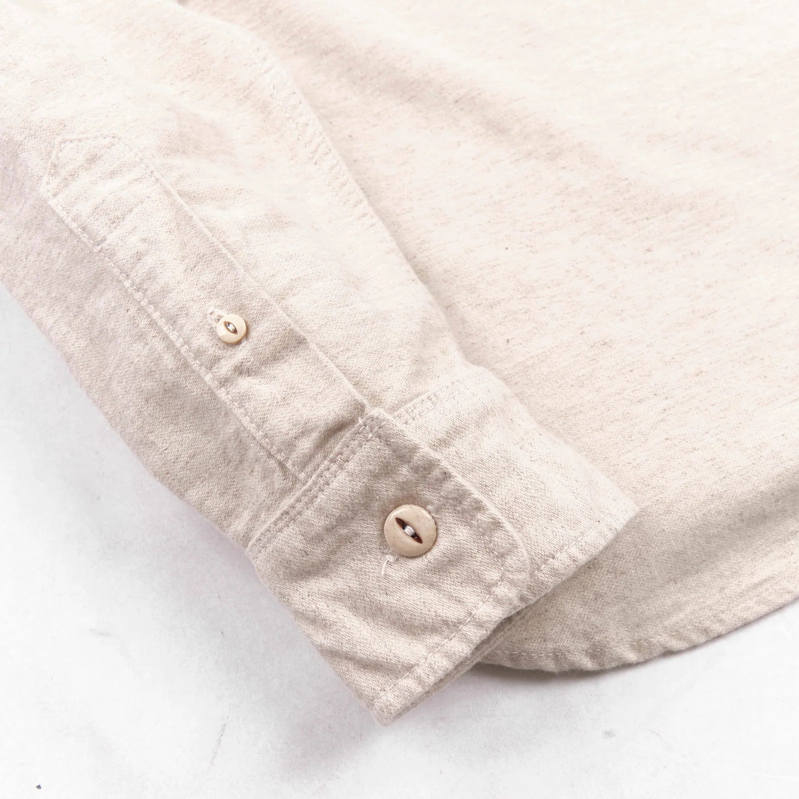 Freenote Cloth Huntsman - Natural Nep laid flat on white details of sleeve and cuff
