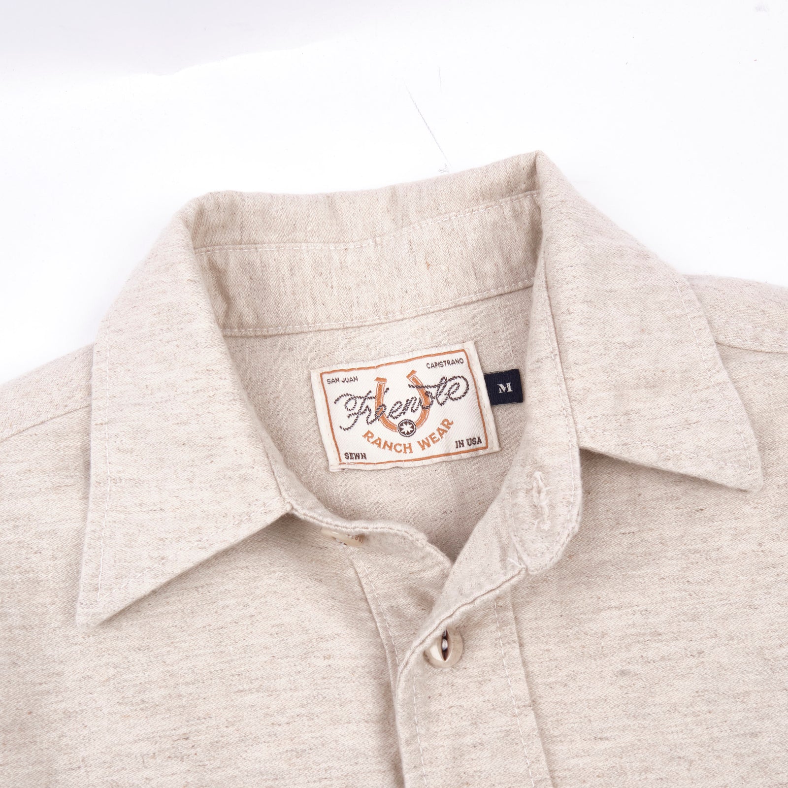 Freenote Cloth Huntsman - Natural Nep laid flat on white details on collar and buttons