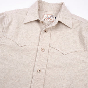 Freenote Cloth Huntsman - Natural Nep laid flat on white from the front details of buttons, and western style front yoke