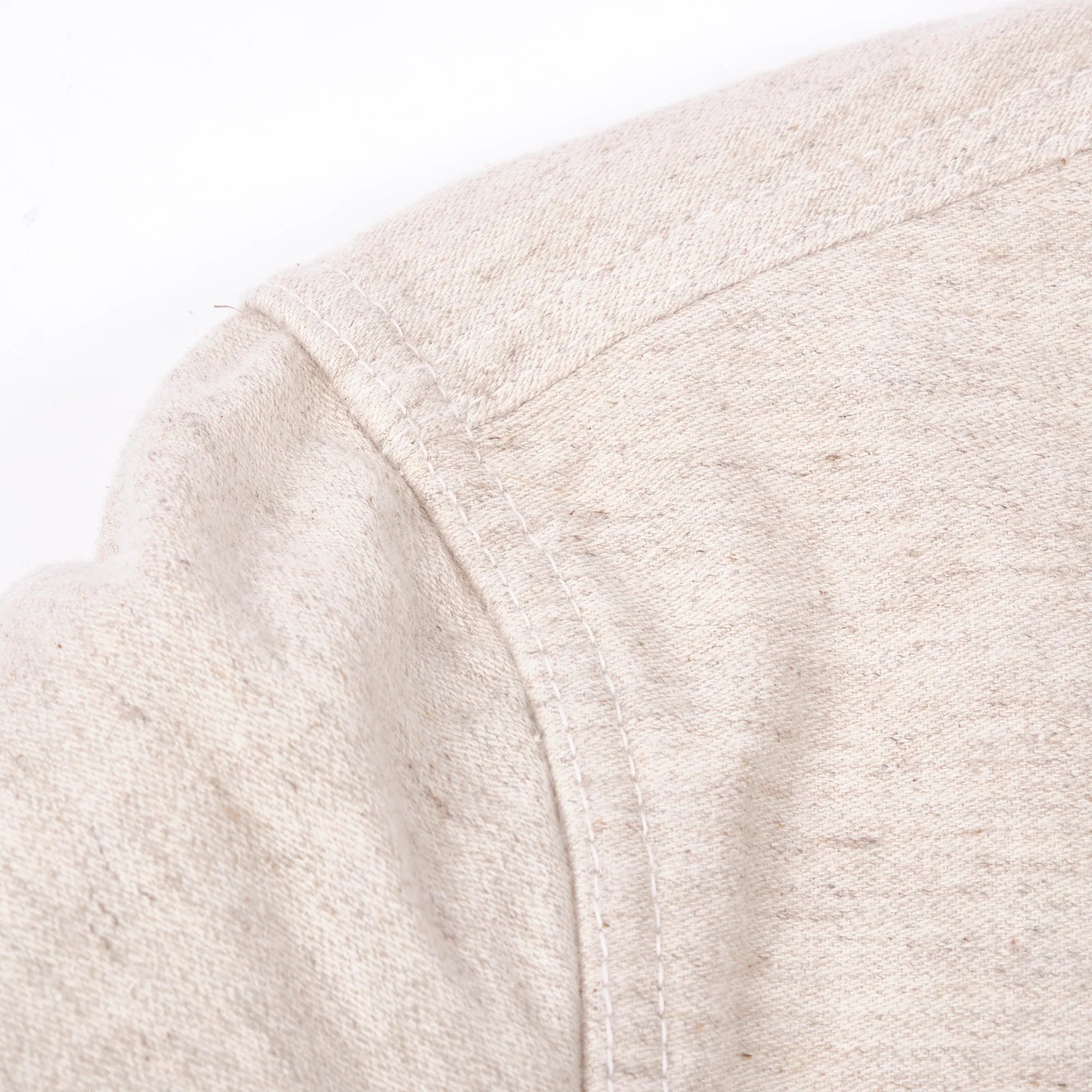Freenote Cloth Huntsman - Natural Nep laid flat on white details of shoulder / sleeve stitching