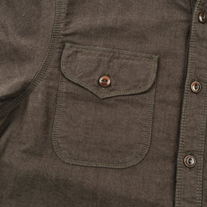 Wells shirt, laid flat right chest pocket details. 