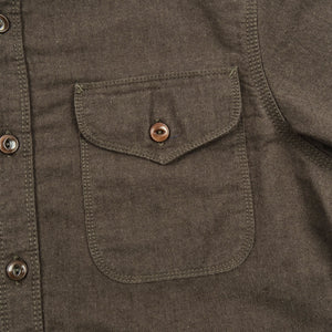 Wells shirt, laid flat left chest pocket details. 