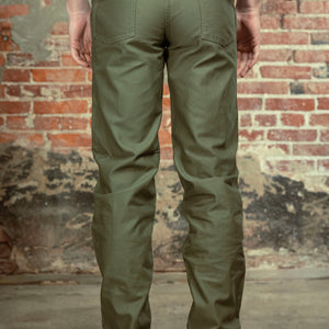 Olive fatigue pocket straight cut pants back view on model