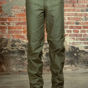 Olive fatigue pocket straight cut pants front view on model