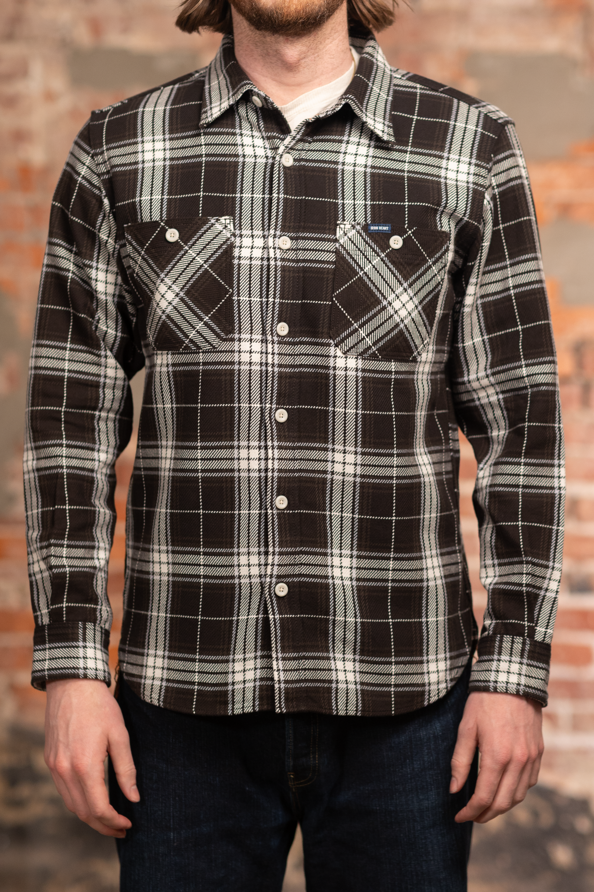 Iron Heart IHSH-441-BLK 9oz Selvedge Flannel Check Work Shirt - Black