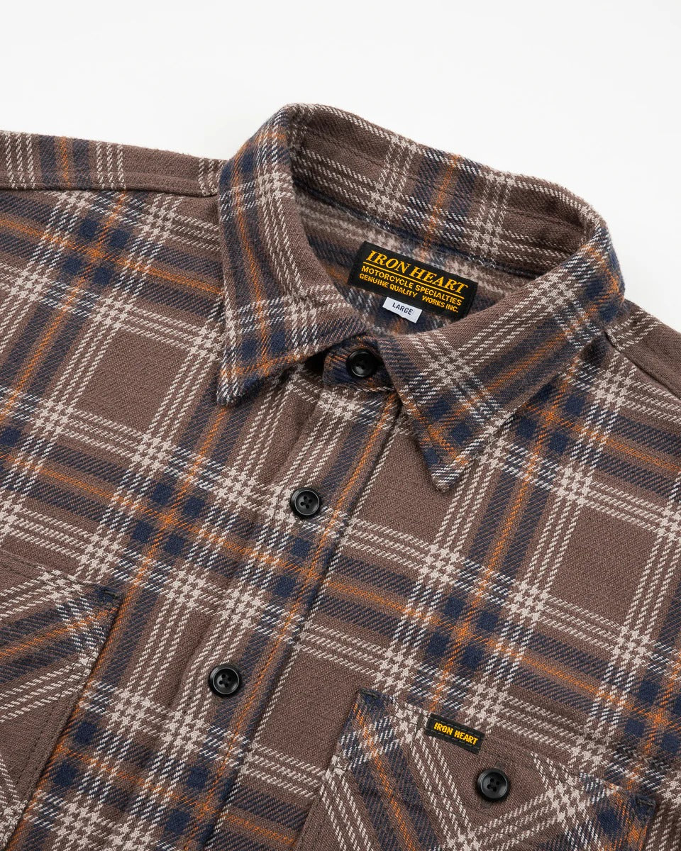 Iron Heart IHSH-430-BRN Slubby Heavy Flannel Check Work Overshirt - Brown