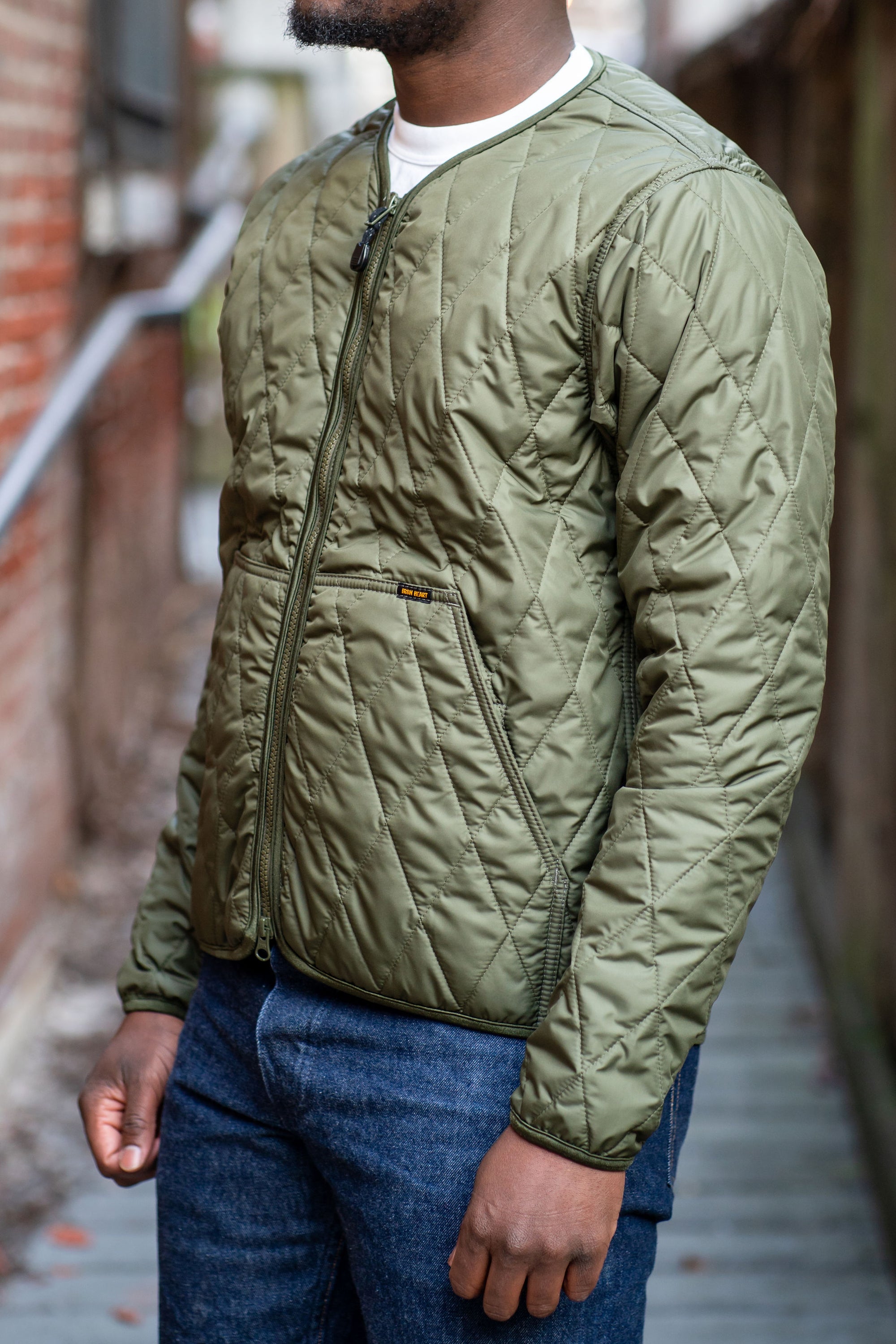 Iron Heart IHJ-118-OLV Collarless Lightweight Quilted Jacket - Olive