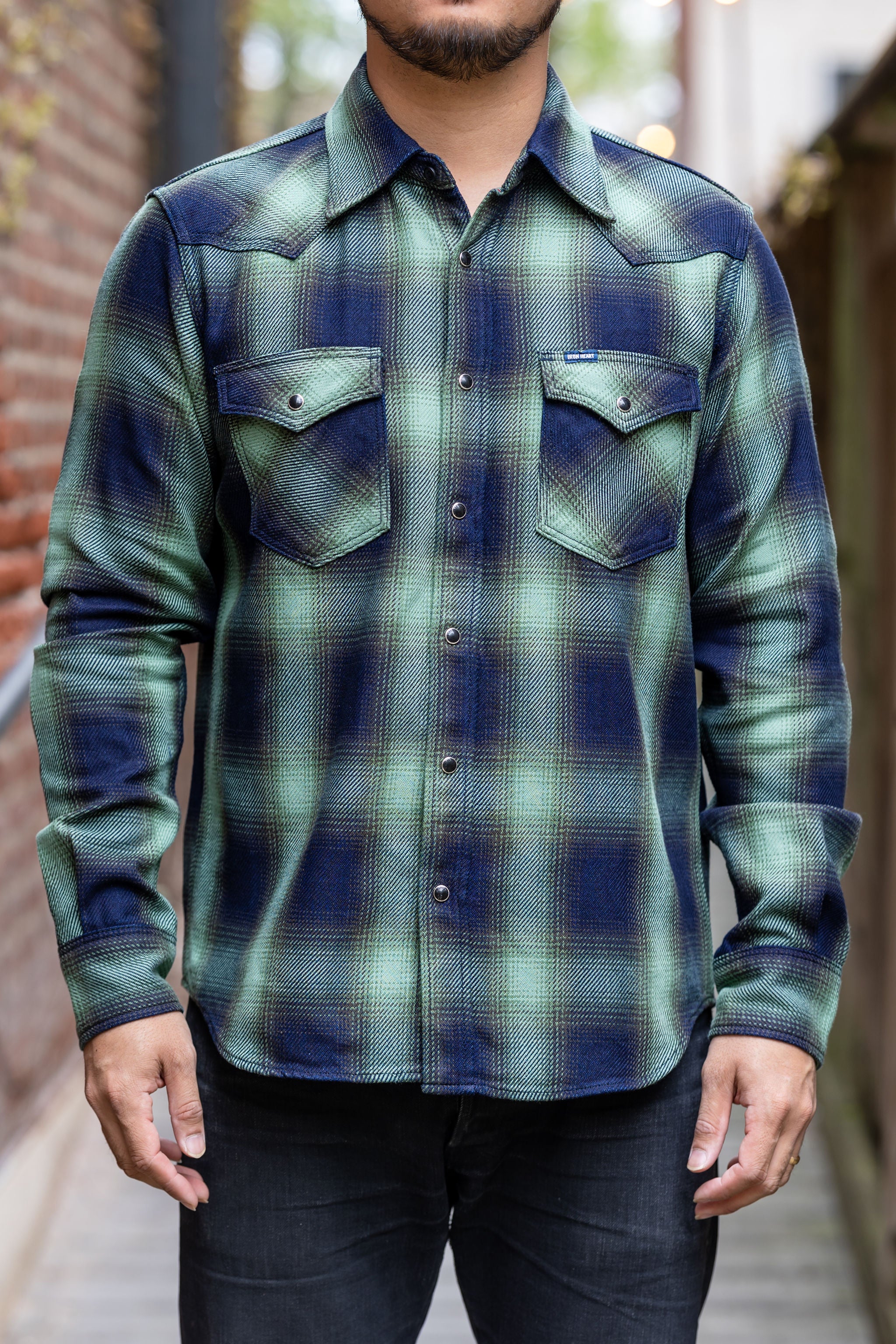 Iron Heart IHSH-348-GRN 9oz Selvedge Ombré Check Western Shirt