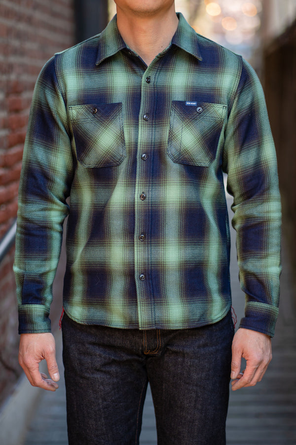 Iron Heart IHSH-349-GRN 9oz Selvedge Ombré Check Work Shirt - Green