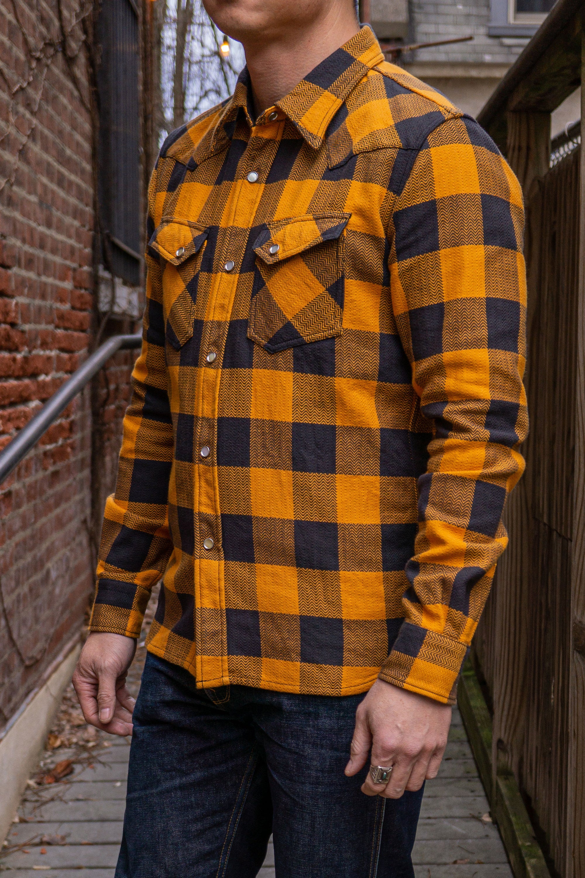 The Flat Head SNW-101L Block Check Western Flannel Shirt - Orange/Charcoal
