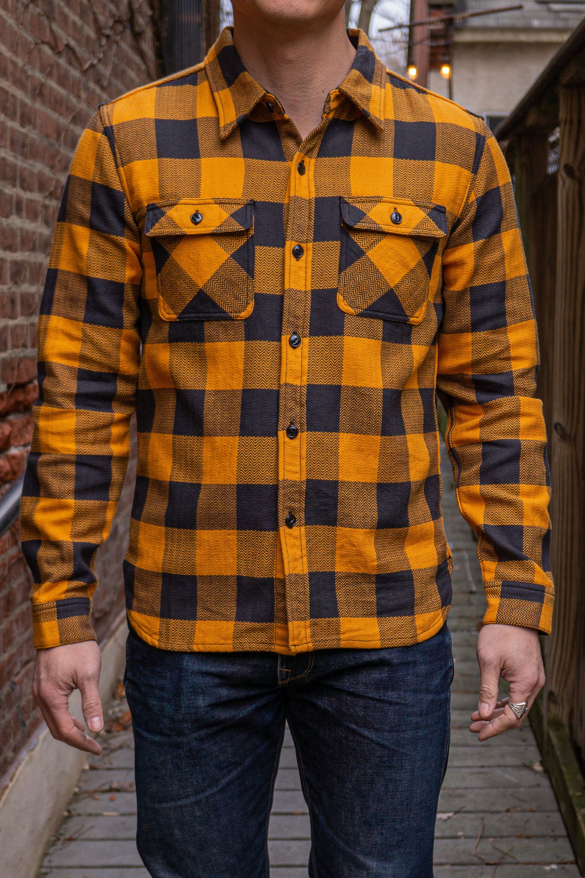 The Flat Head Block Check Flannel Shirt Orange/Charcoal