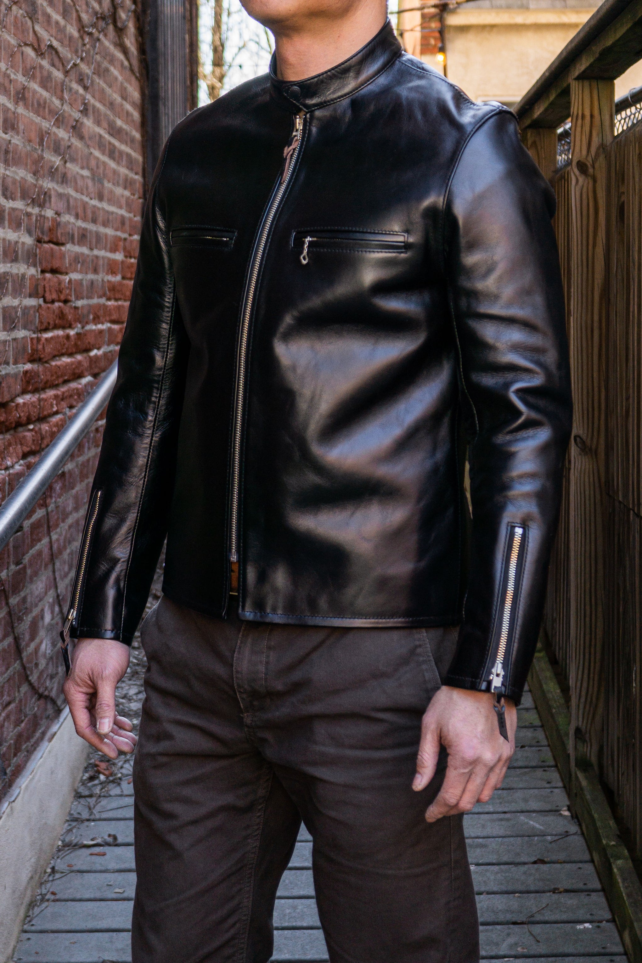 The Flat Head FNLJHS006 Horsehide Cafe Racer Riders Jacket Black