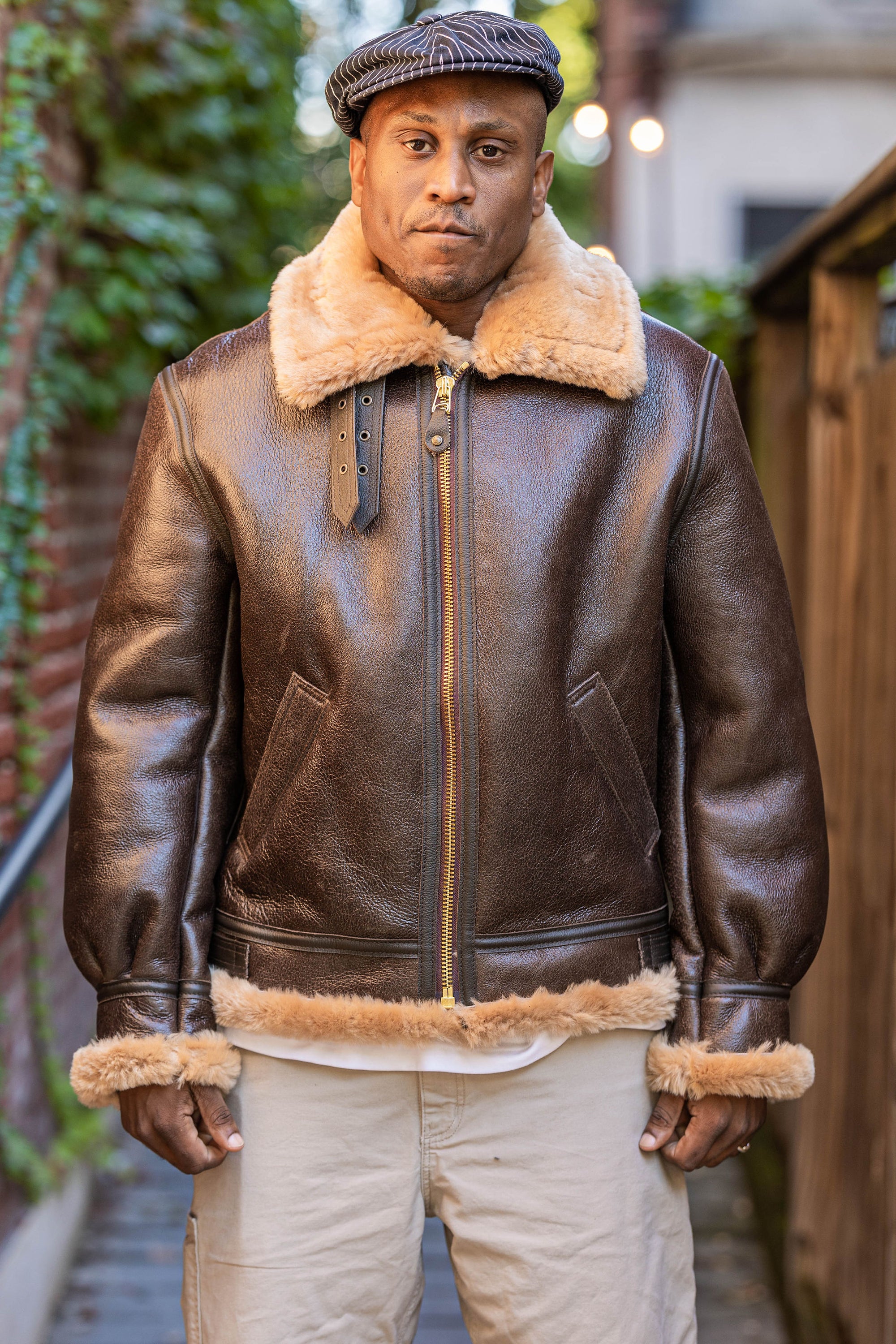 Brown Shearling Leather Bomber Jacket