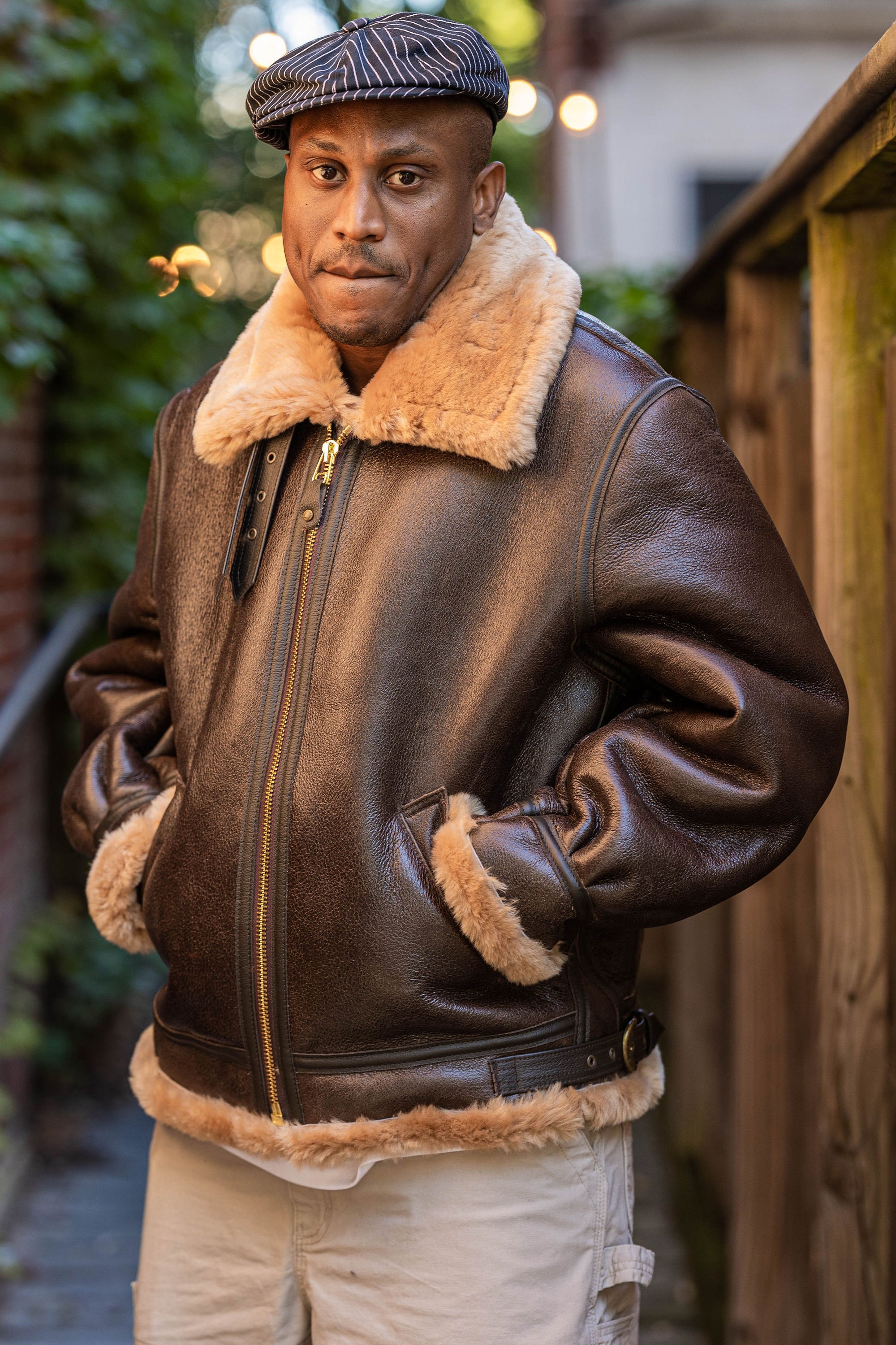 Brown Shearling Leather Bomber Jacket